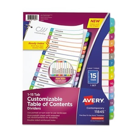 Avery Dennison Avery, CUSTOMIZABLE TOC READY INDEX MULTICOLOR DIVIDERS, 1-15, LETTER 11845